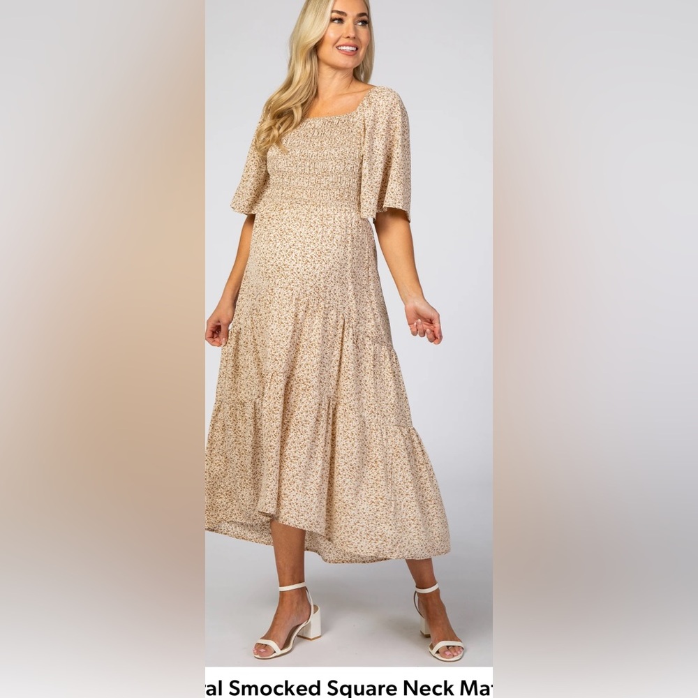 Pinkblush Ivory Floral Smocked Square Neck Maternity Midi Dress
